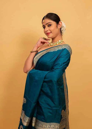 Peacock Color Katan Silk Saree — Kadwa Plain