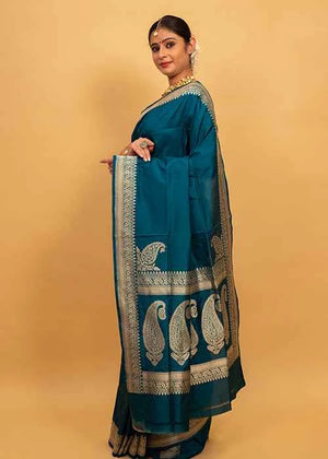 Peacock Color Katan Silk Saree — Kadwa Plain
