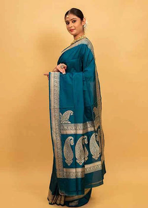 Peacock Color Katan Silk Saree — Kadwa Plain