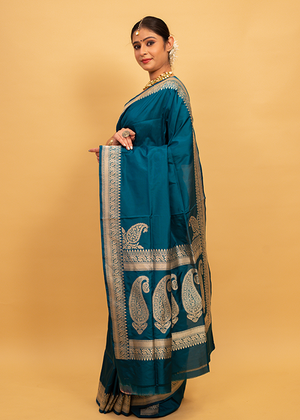 Peacock Color Katan Silk Saree — Kadwa Plain