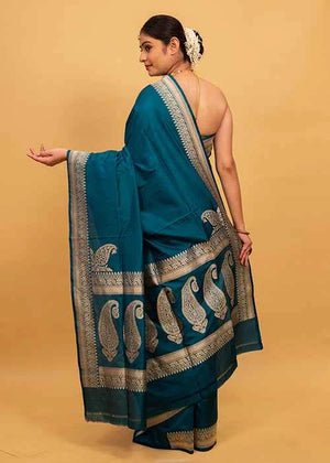 Peacock Color Katan Silk Saree — Kadwa Plain