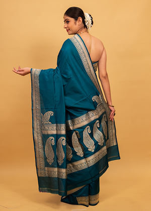 Peacock Color Katan Silk Saree — Kadwa Plain