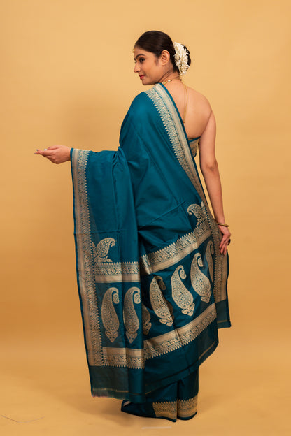 Teal Saree Katan Silk Handwoven - Panaya 