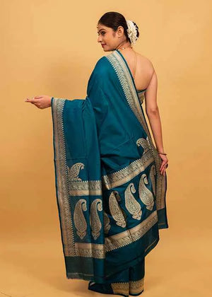 Peacock Color Katan Silk Saree — Kadwa Plain