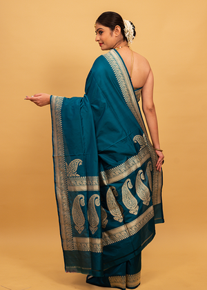 Peacock Color Katan Silk Saree — Kadwa Plain