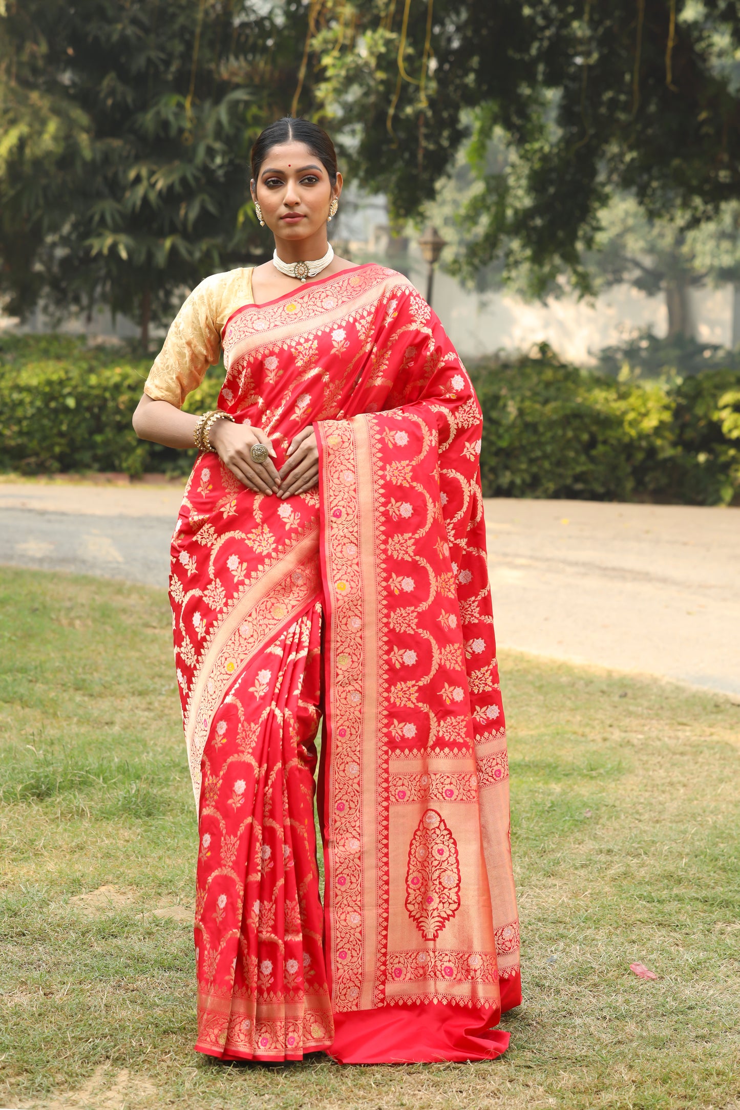 Red Katan Pure Silk Cutwork Saree - Panaya 