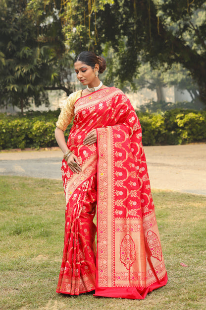 Red Katan Pure Silk Cutwork Saree - Panaya 