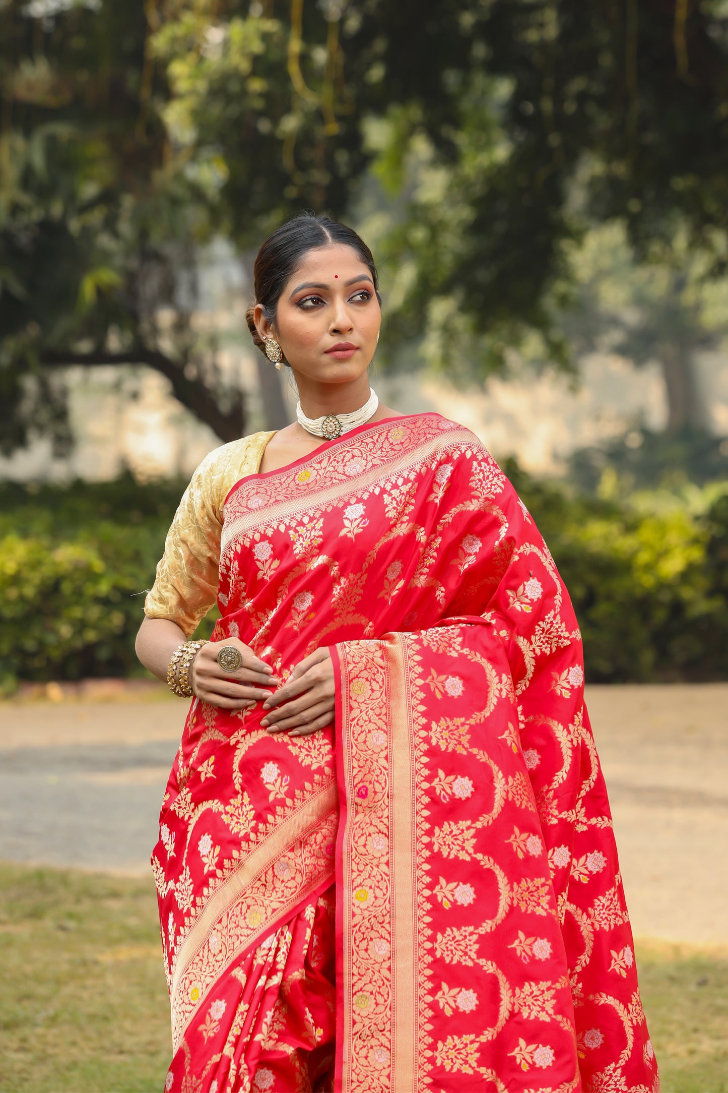 Red Katan Pure Silk Cutwork Saree - Panaya 