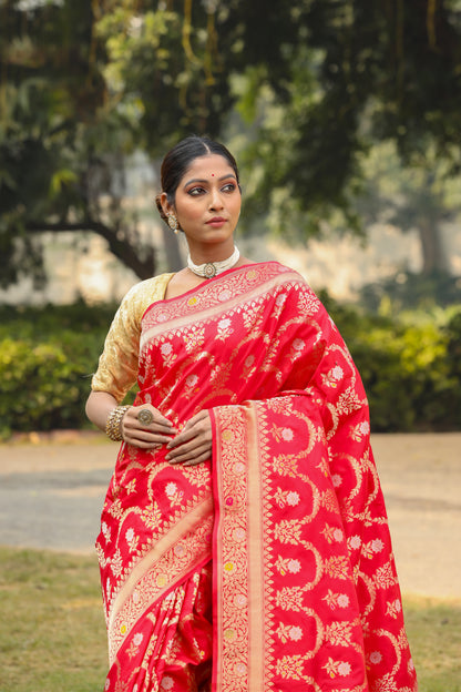 Red Katan Pure Silk Cutwork Saree - Panaya 