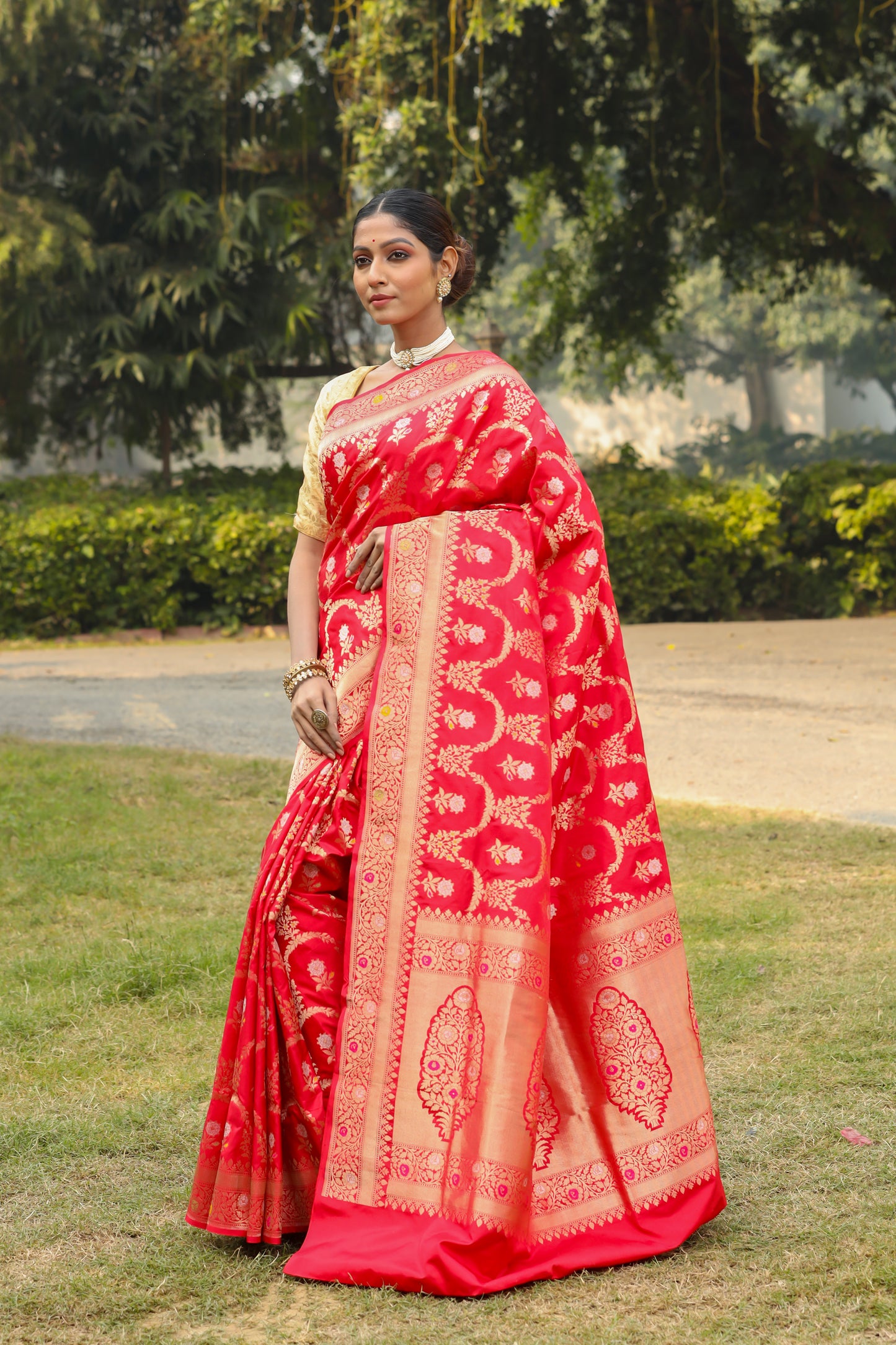 Red Katan Pure Silk Cutwork Saree - Panaya 