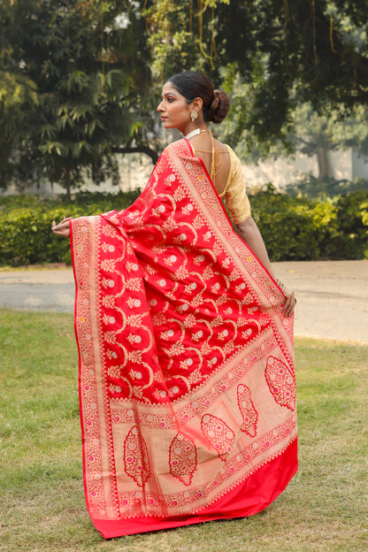 Red Katan Pure Silk Cutwork Saree - Panaya 