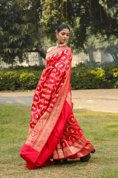 Red Katan Pure Silk Cutwork Saree