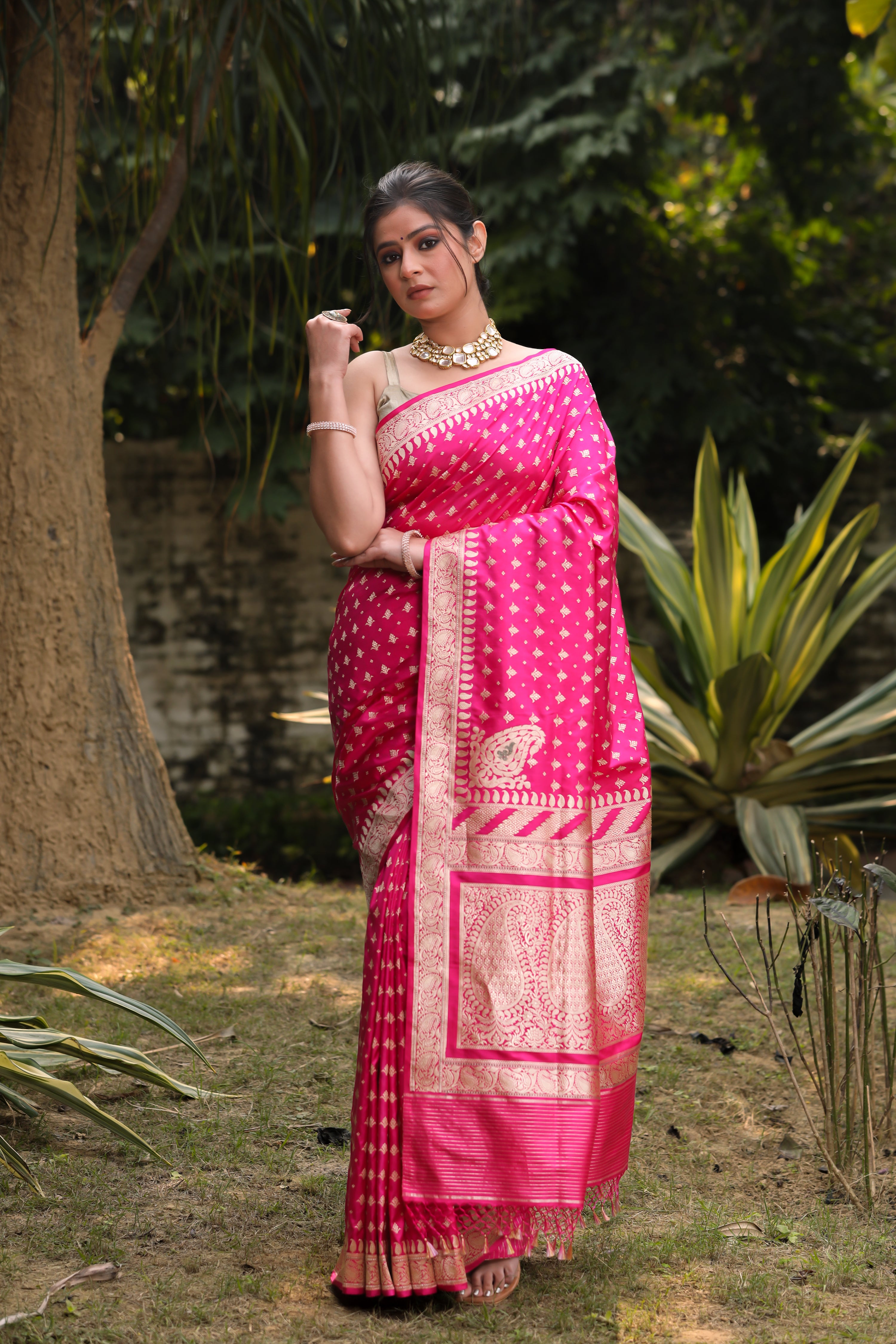 Rani Pink Banarasi Silk Saree in Pure Khaddi Chiffon | Mirra clothing