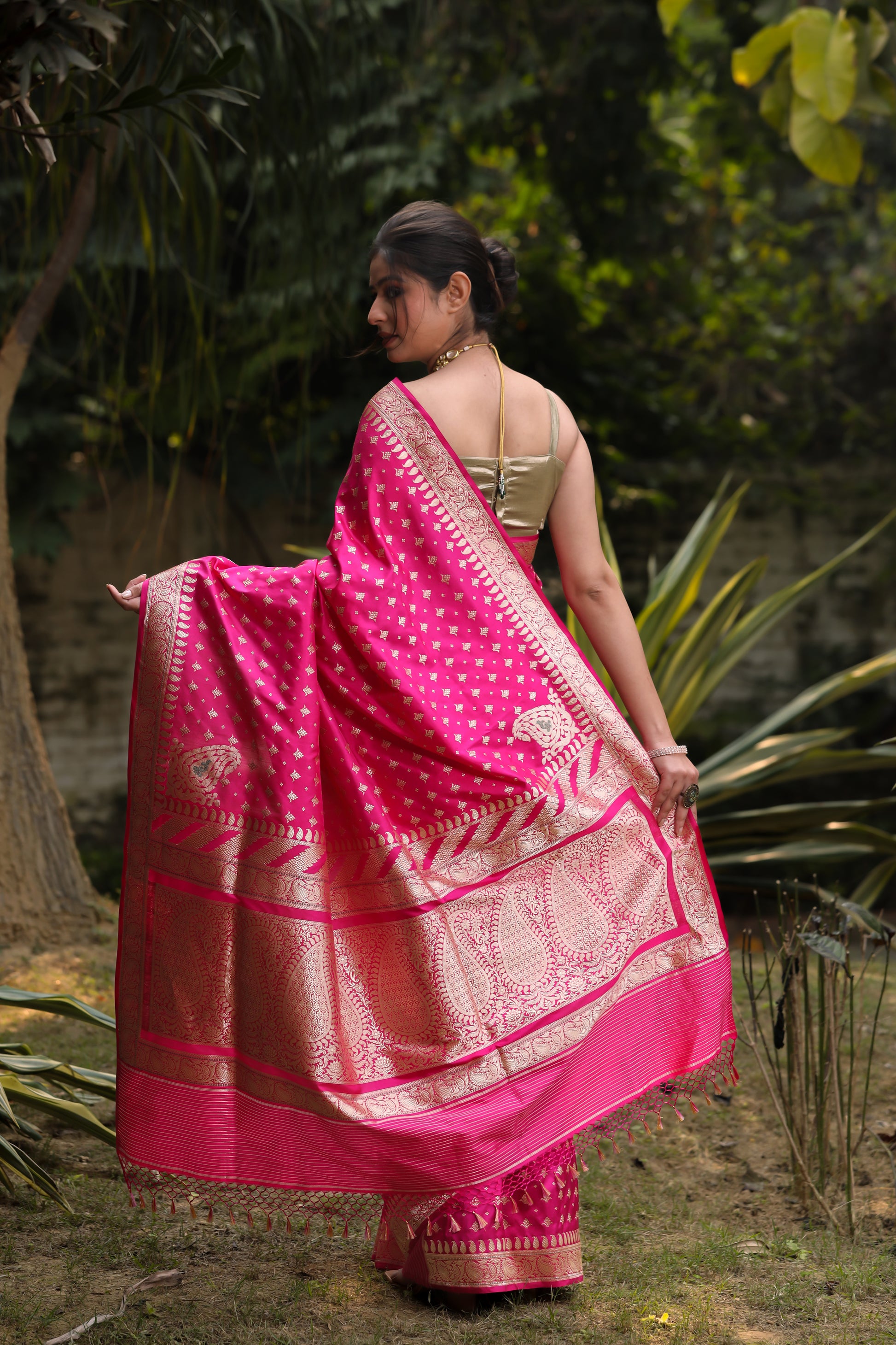 Rani Pink Katan Pure Silk Kadwa Saree