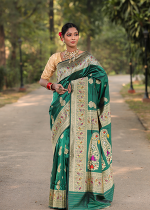 Crimson Green Katan Silk Saree — Kadwa Boota