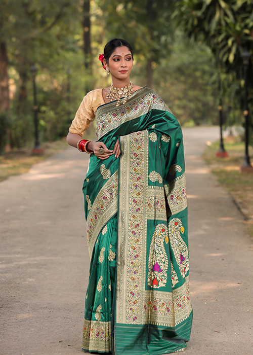 Crimson Green Katan Silk Saree — Kadwa Boota