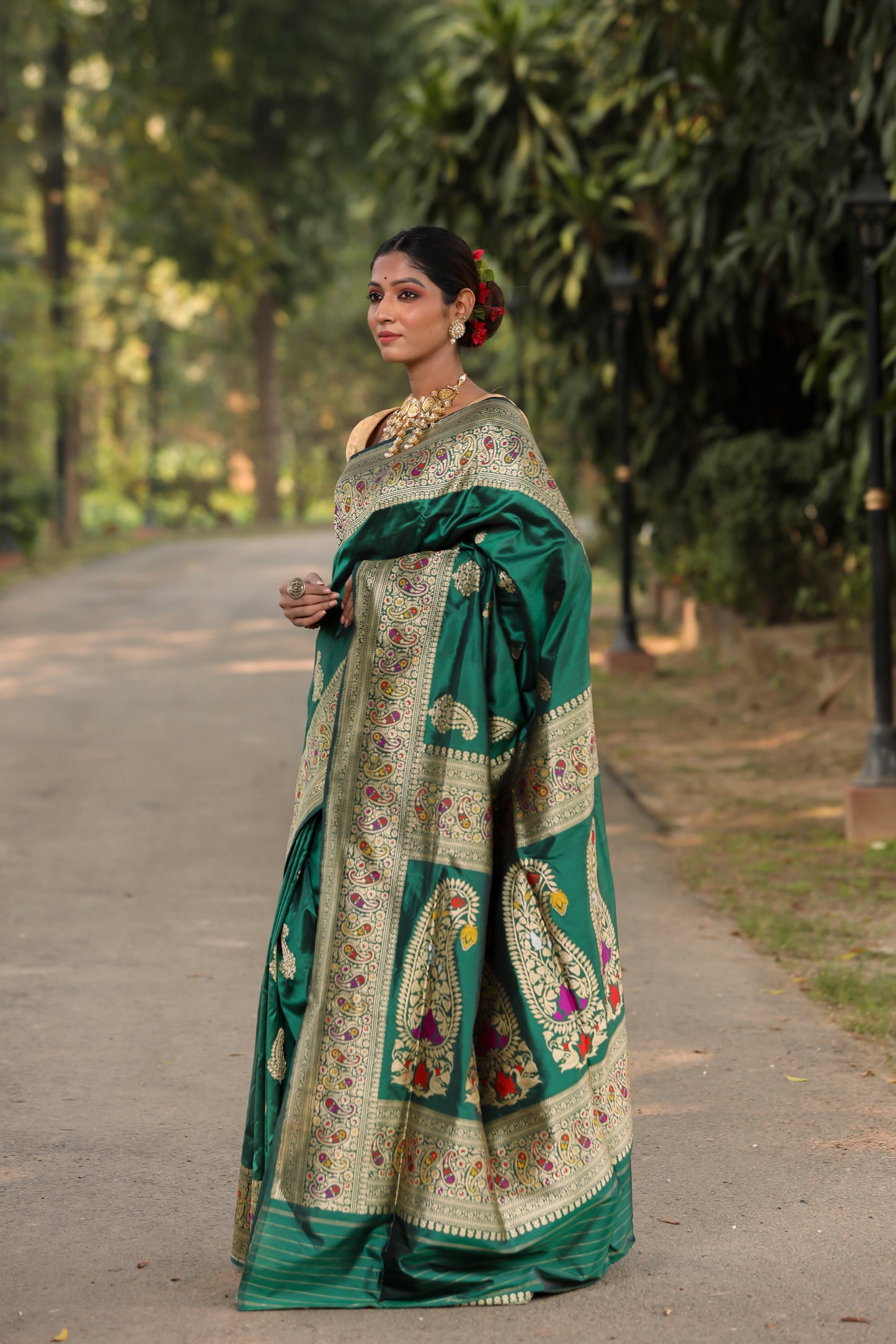 Bottle Green Katan Pure Silk Kadwa Saree