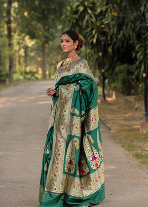 Crimson Green Katan Silk Saree — Kadwa Boota