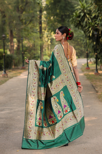 Bottle Green Katan Pure Silk Kadwa Saree