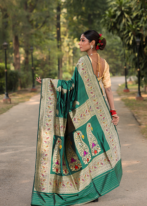 Crimson Green Katan Silk Saree — Kadwa Boota
