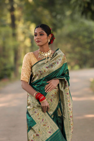 Green Katan Silk Saree — Kadwa Boota