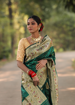 Crimson Green Katan Silk Saree — Kadwa Boota
