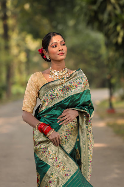 Bottle Green Katan Pure Silk Kadwa Saree