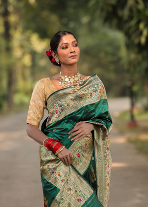 Crimson Green Katan Silk Saree — Kadwa Boota