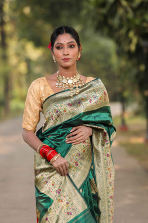 Green Katan Silk Saree — Kadwa Boota