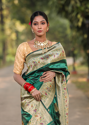 Crimson Green Katan Silk Saree — Kadwa Boota