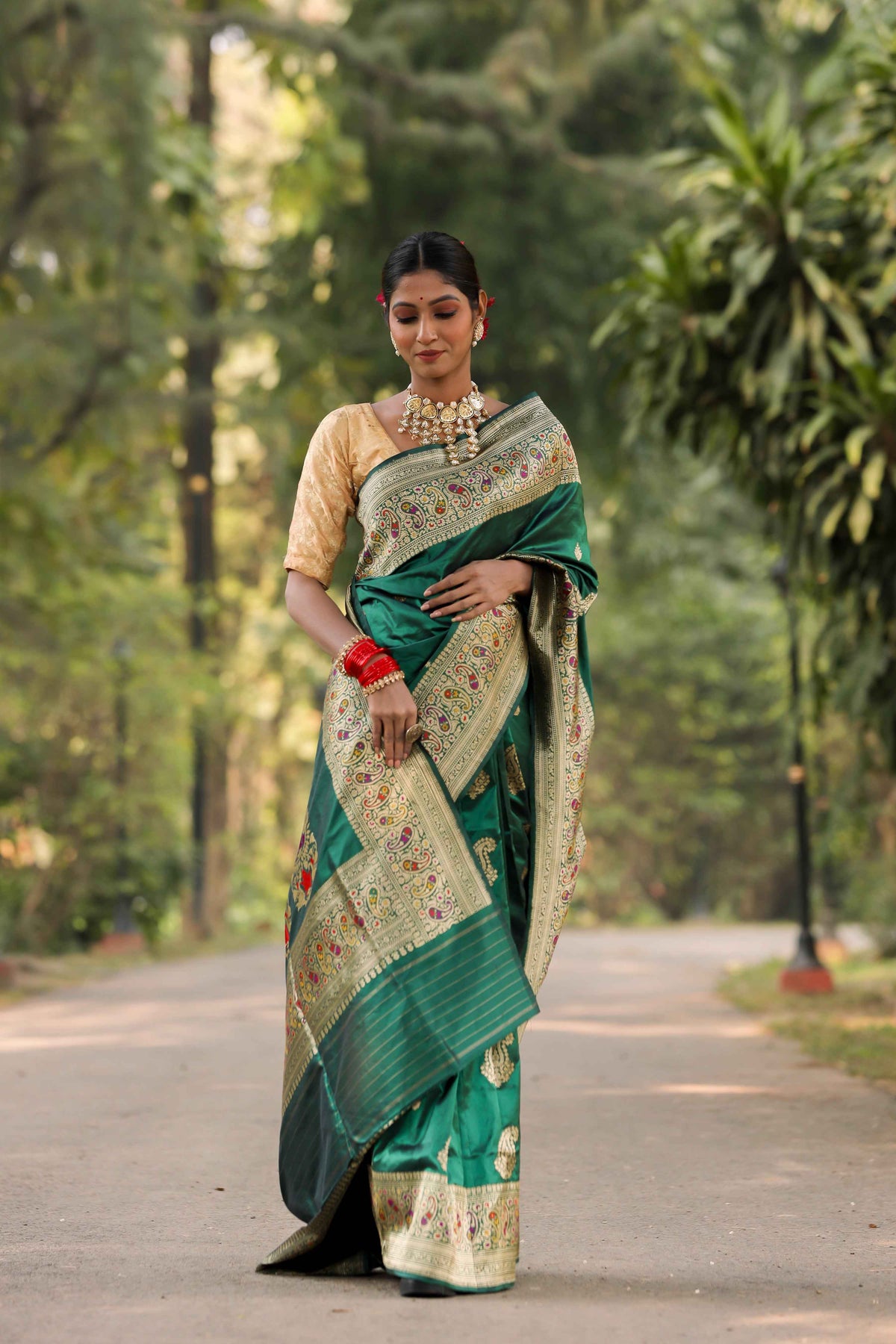 Green Katan Silk Saree — Kadwa Boota