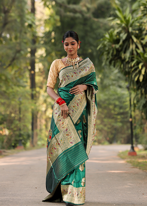 Crimson Green Katan Silk Saree — Kadwa Boota