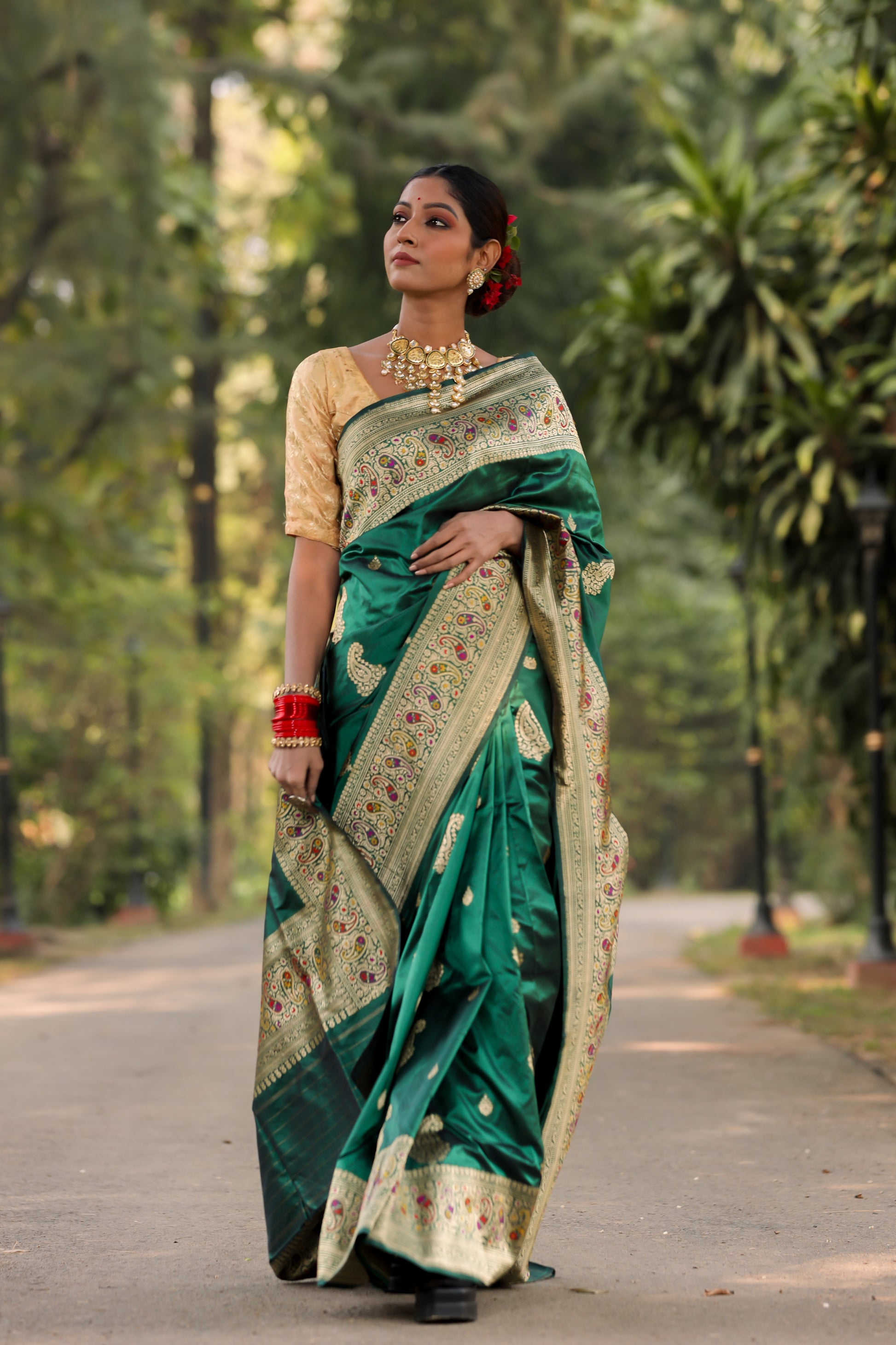 Bottle Green Katan Pure Silk Kadwa Saree