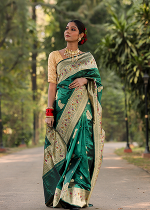 Crimson Green Katan Silk Saree — Kadwa Boota