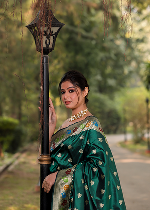 Crimson Green Katan Silk Saree — Kadwa Boota