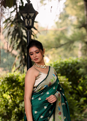 Crimson Green Katan Silk Saree — Kadwa Boota