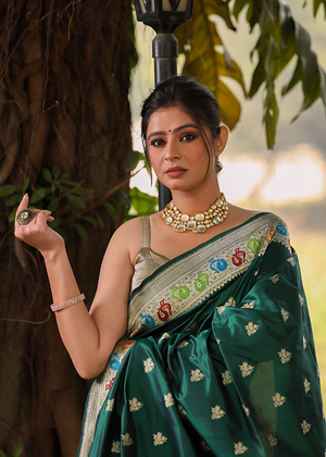 Crimson Green Katan Silk Saree — Kadwa Boota