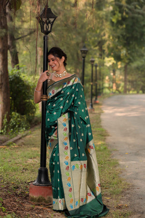Green Katan Silk Saree — Kadwa Boota