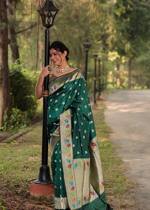 Crimson Green Katan Silk Saree — Kadwa Boota
