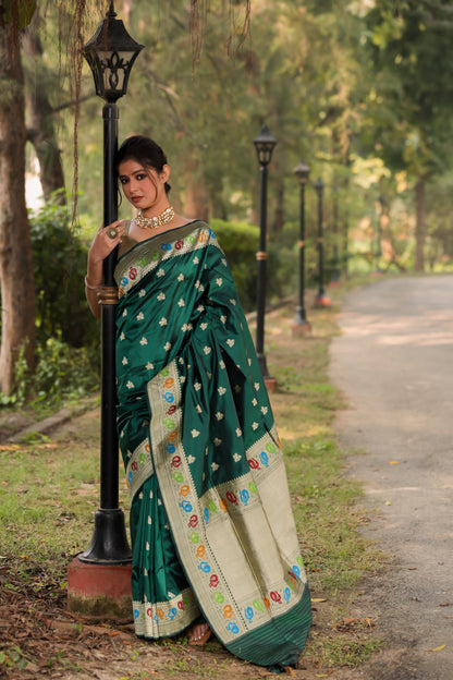 Bottle Green Katan Pure Silk Kadwa Saree