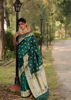 Crimson Green Katan Silk Saree — Kadwa Boota