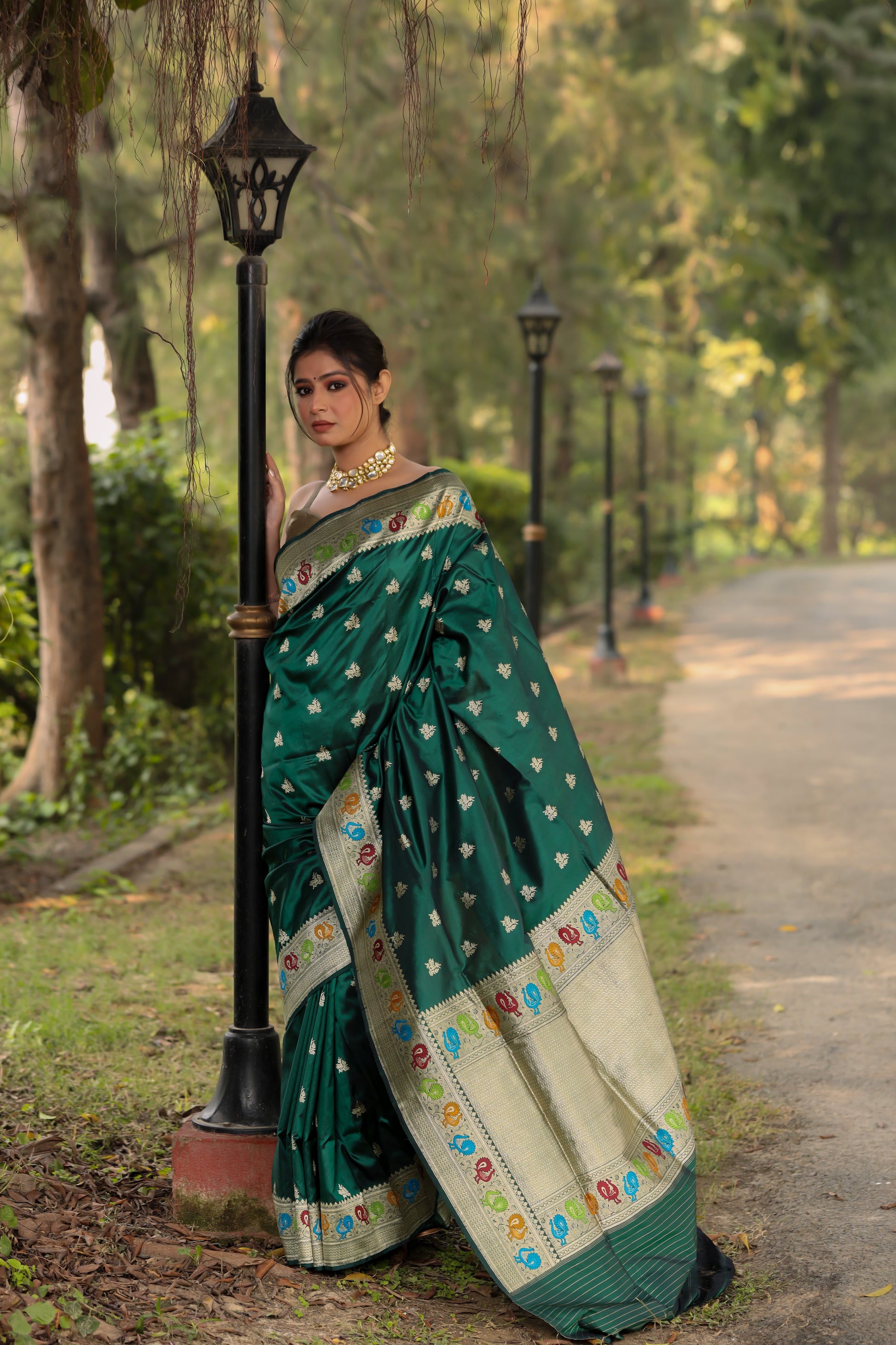 Bottle Green Katan Pure Silk Kadwa Saree