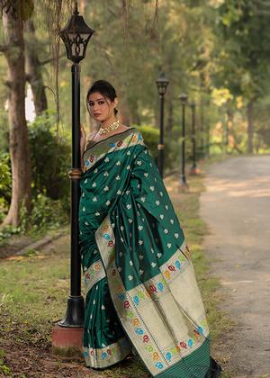 Crimson Green Katan Silk Saree — Kadwa Boota