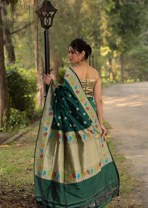 Crimson Green Katan Silk Saree — Kadwa Boota