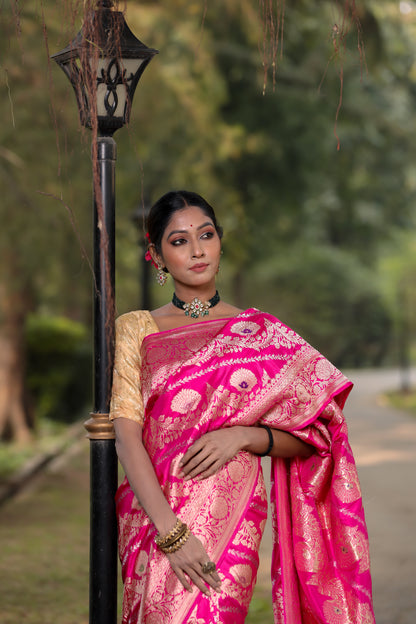 Pink Katan Pure Silk Kadwa Saree - Panaya 