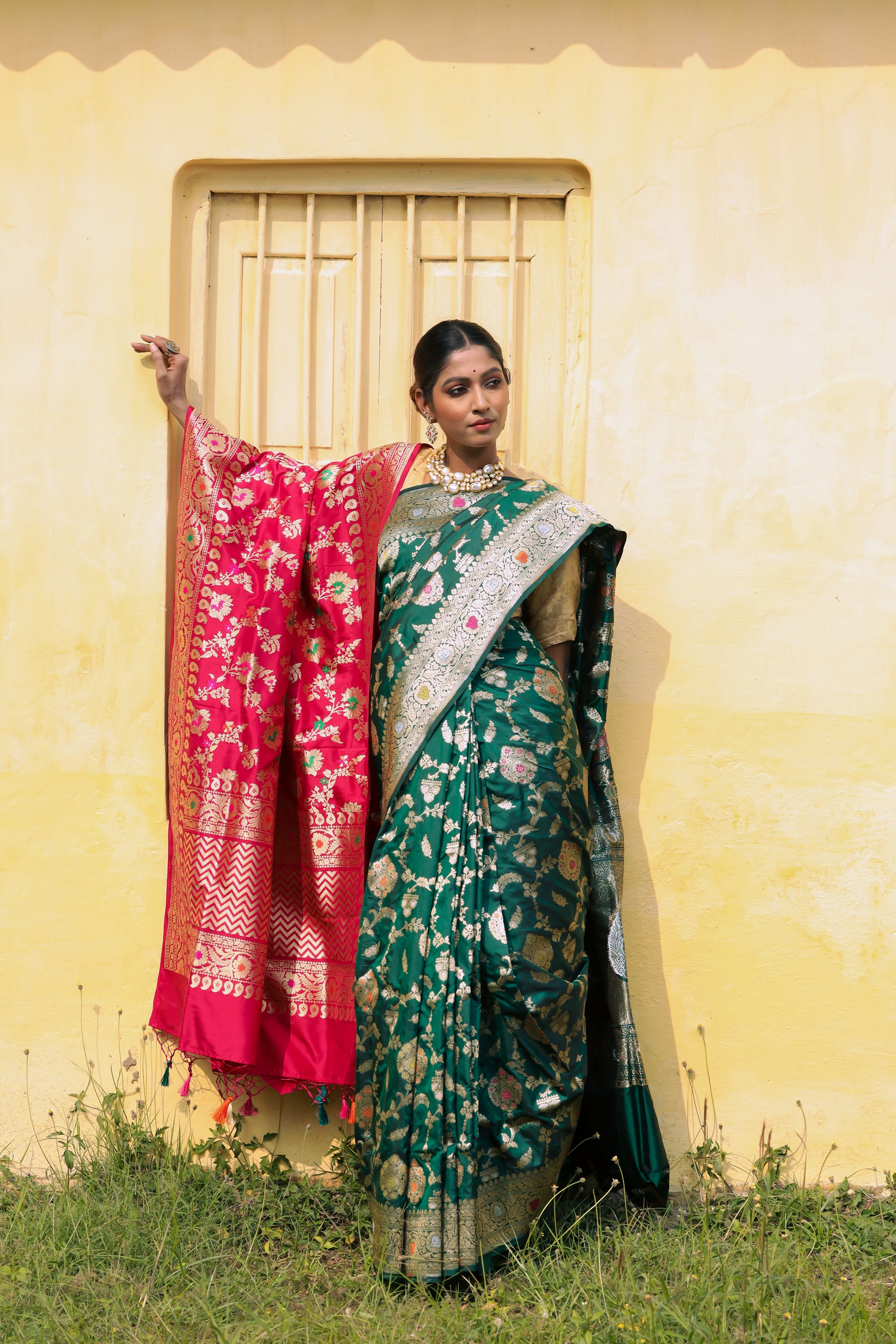 Bottle Green Katan Pure Silk Cutwork Saree