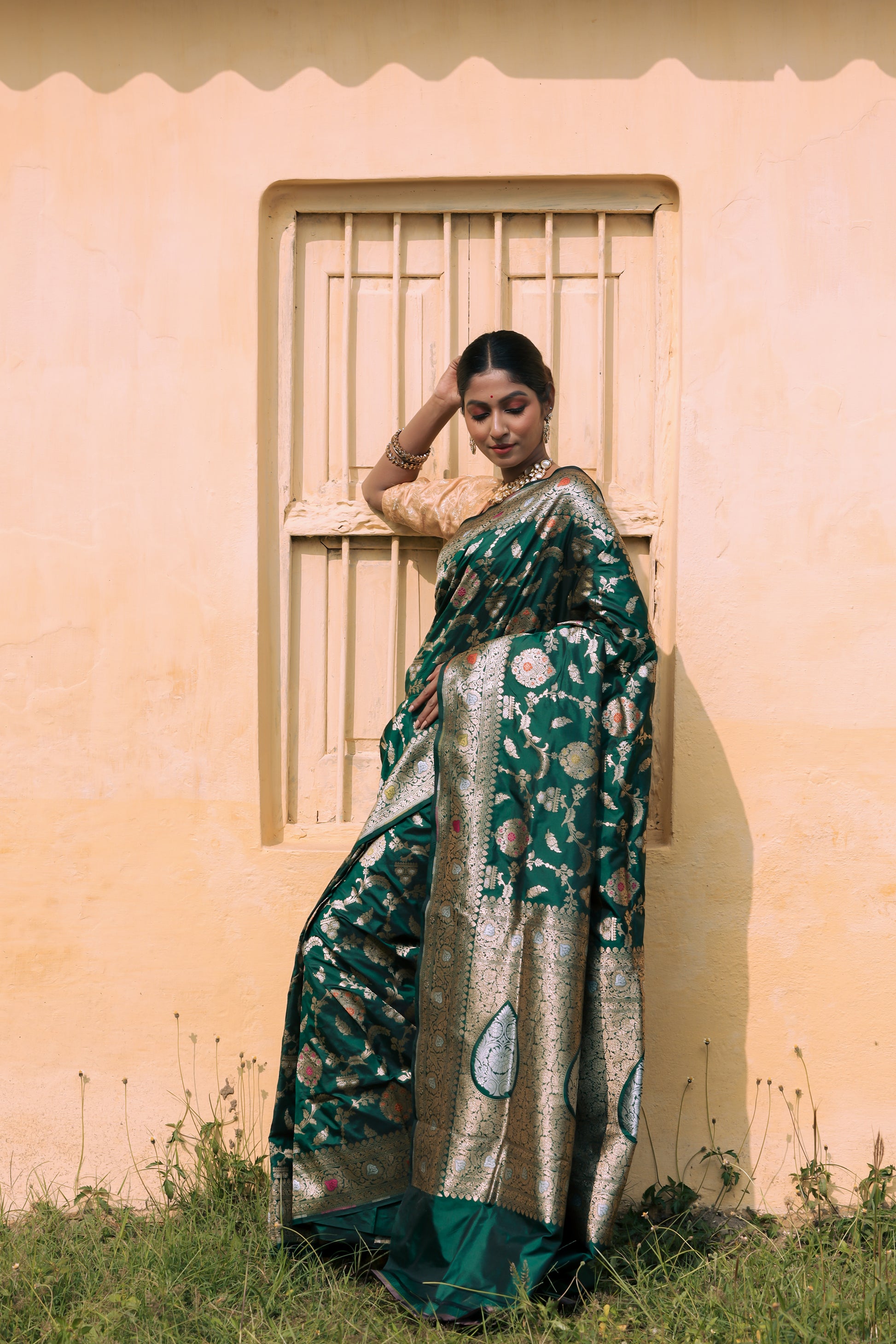 Bottle Green Katan Pure Silk Cutwork Saree