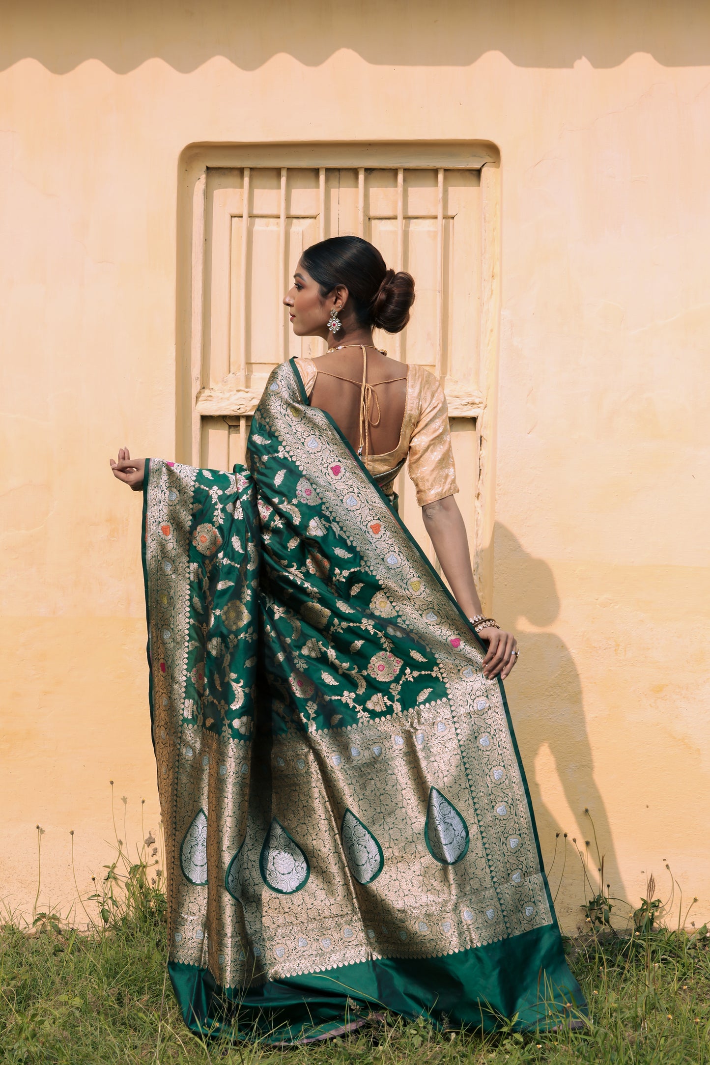 Bottle Green Katan Pure Silk Cutwork Saree - Panaya 