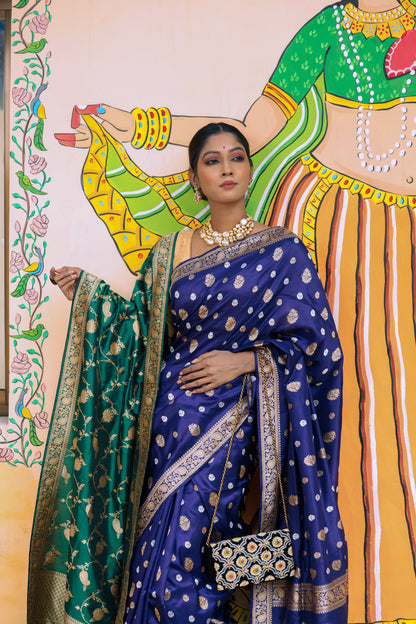 Royal Blue Katan Pure Silk Kadwa Saree - Panaya 