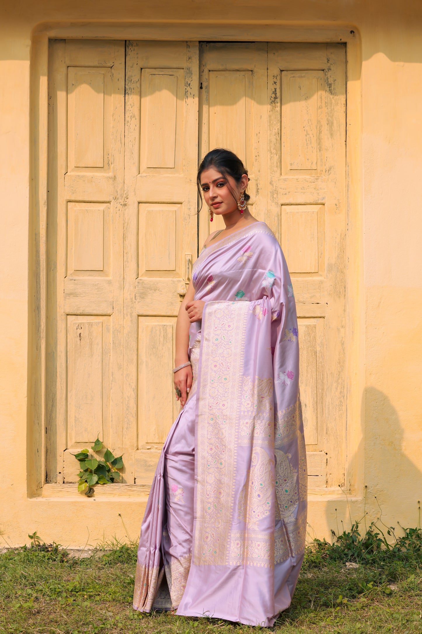 Lavender Katan Pure Silk Kadwa Saree - Panaya 